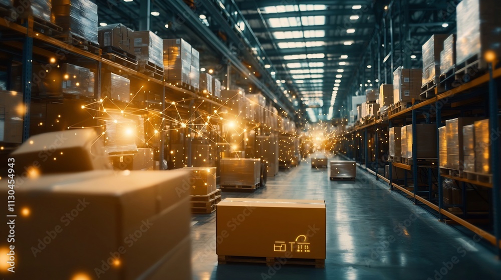 Poster automated assembly line with rfid technology for part tracking featuring digital overlays showcasing