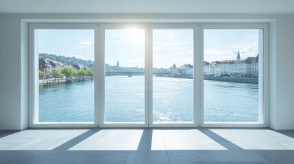 Fototapeta premium Modern Interior View of River from Large Windows in Bright Room