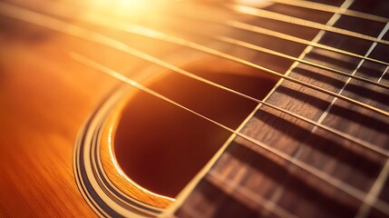 Obraz premium Close-up of a wooden acoustic guitar, strings, and sound hole.
