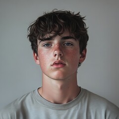 Fototapeta premium Portrait of a Young Male with Freckles and Messy Hair Expression
