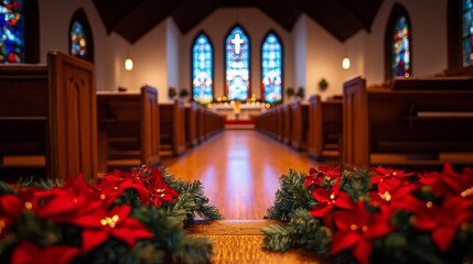 Christmas Decorations Adorn Church Aisles With Stained Glass