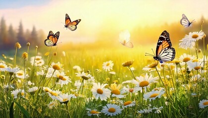 Spring meadow filled with watercolor daisies, butterflies, and soft sunlight