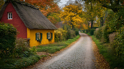 Fototapeta premium Autumnal Country Road with Charming Cottage, Yellow and Red Walls, Thatched Roof, Cobblestone Path, Leading through Colorful Fall Foliage