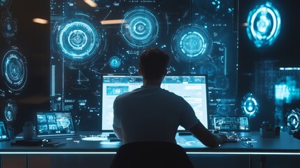 A designer working on digital user interfaces for a new app in a high-tech studio, surrounded by holographic elements