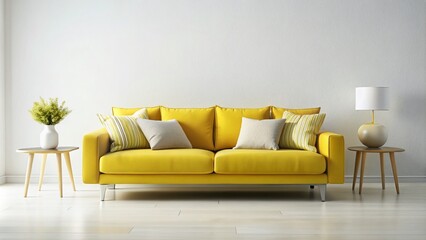 Fototapeta premium Vibrant Yellow Sofa with Comfy Pillows Against a Pure White Background, Perfect for Contemporary Interior Design and Architectural Photography