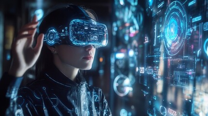 A designer working on futuristic wearable technology in a high-tech studio, surrounded by holographic design elements