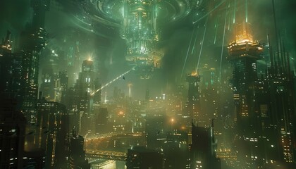 Obraz premium Futuristic Cityscape Illuminated At Night With Hovering Ship