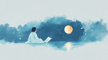 Dreamy night sky: girl reading by the moonlit ocean under stars