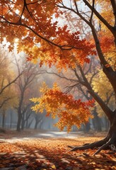 Fototapeta premium Vibrant autumn leaves scattered on bare branches , landscape, fall leaves, autumn foliage