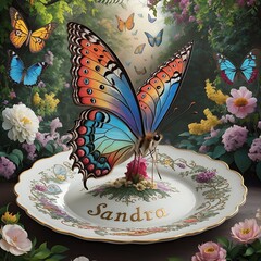 butterfly sitting on a plate in garden open wing illustration