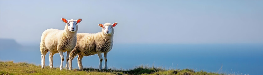 Obraz premium Coastal Sheep Duo, Two Fluffy Sheep Stand on a Grassy Clifftop Overlooking a Calm Ocean