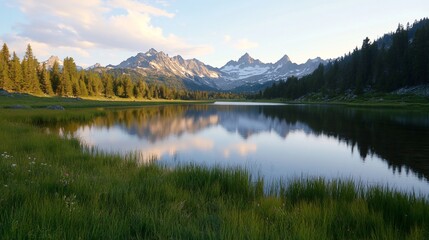 Fototapeta premium Serene mountain lake reflecting a tranquil sky, surrounded by lush green meadows and pine forests at sunset.