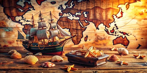 Naklejka premium Vintage Model Ship Displayed on a Rustic Wooden Table Surrounded by Seashells and a Detailed World Map, Evoking a Sense of Adventure and Exploration in Urban Photography
