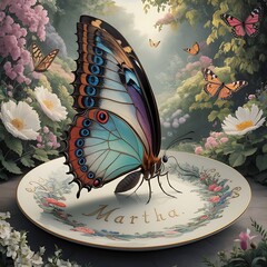butterfly sitting on a plate in garden open wing illustration