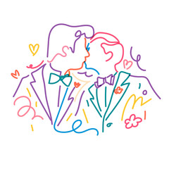 Obraz premium Gay couple kissing png clipart, same-sex marriage illustration on transparent background
