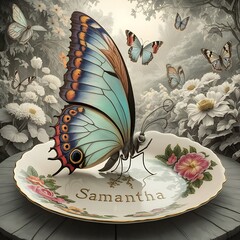 butterfly sitting on a plate in garden open wing illustration