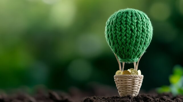 Mini leprechaun trap styled as a green hot air balloon with a tiny basket filled with gold coins, set to lift off once the leprechaun enters 