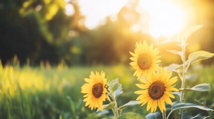 Obraz premium Sunflowers in a field at sunset. Beautiful golden light shines through the flowers.