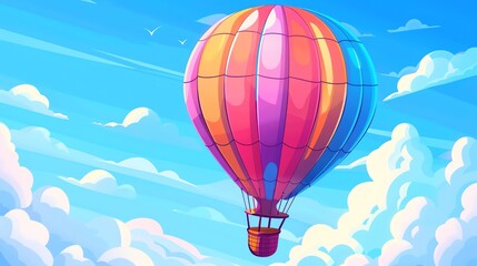 Fototapeta premium A colorful cartoon hot air balloon floating through the clouds in a bright blue sky.