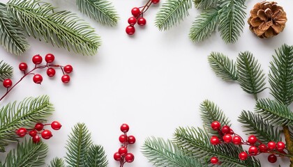 Christmas composition flatlay. Spruce branches, red berries on white background with space for text