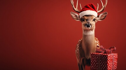 Festive deer in a Santa hat, standing with a wrapped gift box, isolated on a bold red backdrop, ideal for holiday vacation greeting cards.