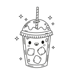 Drink cup with straw Kawaii, hand drawn doodle. Cute set of cartoon vector illustrations.