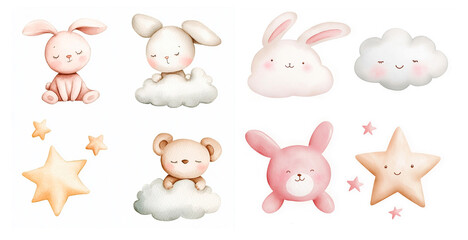 Obraz premium Charming set of baby illustrations featuring pastel bunnies, teddy bears, clouds, and stars. Perfect for nursery decor, baby products, or greeting cards.