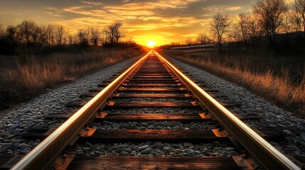 Obraz premium A sunset over a train track stretching into the distance.