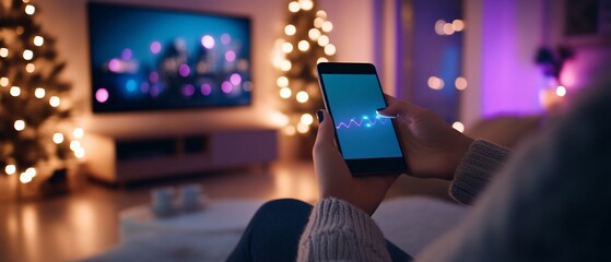 Fototapeta premium Woman using phone near Christmas tree and TV.