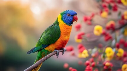 Fototapeta premium A brightly colored Australian lorikeet perched on a flowering branch, with vivid red and yellow blooms in the background 