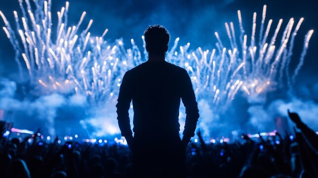 A massive Super Bowl halftime stage surrounded by a colorful sea of glowing lights, with a pop star performing under a dazzling fireworks display 