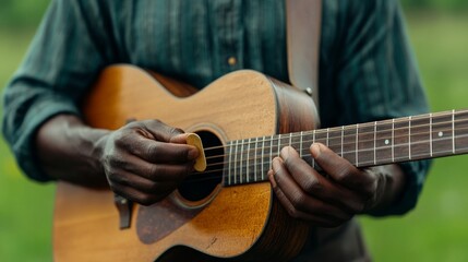 Obraz premium Close-up of a Black country singer's hands holding a guitar pick, ready to strum an aged acoustic guitar with intricate woodgrain details 