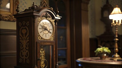 A classic grandfather clock with ornate details, striking midnight and ringing in the new year with a chime.
