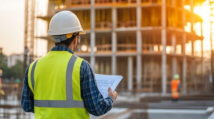 Obraz premium Worker reviewing plans at a construction site during sunset.