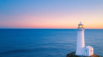 A lighthouse standing on the windswept cliffs of Byron Bay, overlooking the vast blue expanse of the Pacific Ocean at sunrise 