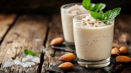 Two glasses of a creamy white drink with green leaves on top