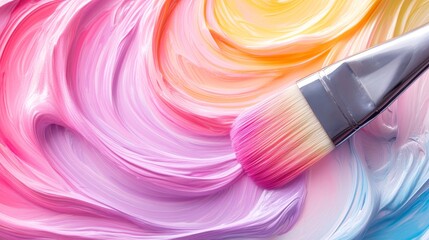 A brush is painted with a rainbow of colors on a canvas