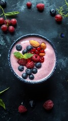 A bowl of fruit smoothie with blueberries, raspberries, and almonds