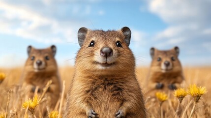 Obraz premium A group of quokkas on Rottnest Island, one of them smiling adorably while surrounded by golden grass and wildflowers 