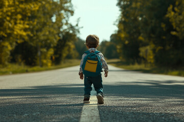 Fototapeta premium Child walking down a quiet road with a yellow backpack