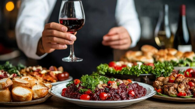 A traditional supra (Georgian feast) setup with plates of food, jugs of wine, and a tamada (toastmaster) raising a glass in mid-toast 