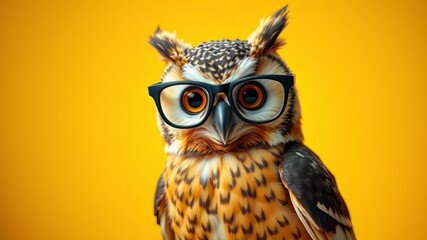 Obraz premium Cute Owl Glasses Yellow Background AI Photo, Cartoon Owl, Bright, Cheerful