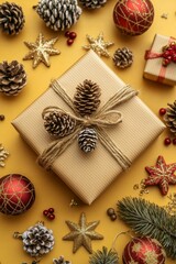 Fototapeta premium Christmas Concept. Gold Gift Box, Pine Cones And Festive Decorations On Yellow Background.