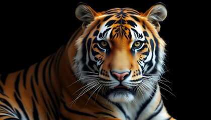 Obraz premium A stunning close-up portrait of a tiger with a piercing gaze and beautiful fur. Its distinctive orange and black stripe pattern stands out against the black background, creating a dramatic contrast.
