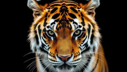 Fototapeta premium An up-close portrait of an impressive Bengal tiger with its piercing gaze and striking orange fur. The solid black background highlights the details of its captivating face.
