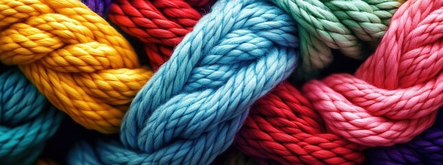 A close-up of colorful, intertwined ropes symbolizing unity and connection in diverse teamwork.