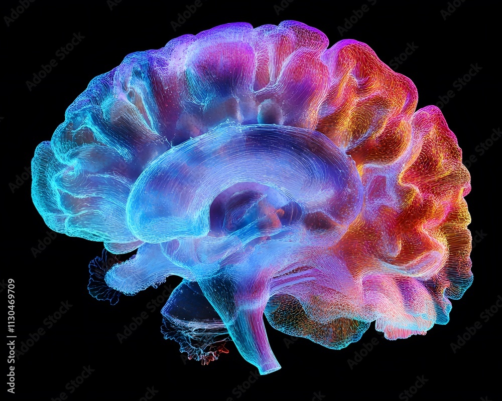 Poster a vibrant and colorful digital representation of a human brain, showcasing intricate neural patterns