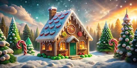 Fototapeta premium Whimsical Gingerbread House Surrounded by Snowy Trees with Icing and Lollies, Glowing Windows, and Smoke from Chimney in a Cozy Winter Wonderland Scene