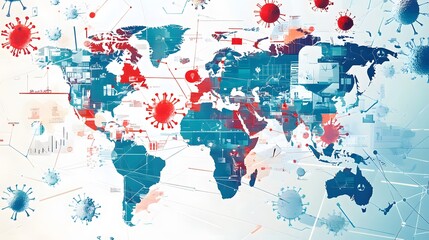 Fototapeta premium A vibrant representation of a world map intertwined with medical elements, showcasing global health concerns and the impact of viruses on society.