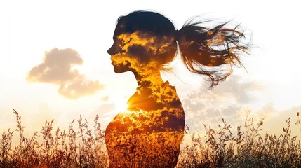 Naklejka premium Double exposure of woman silhouette with sunset and clouds